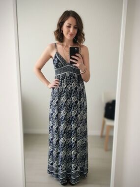 Spaghetti Strap Navy blue almost black and White Paisley Maxi Dress - Women